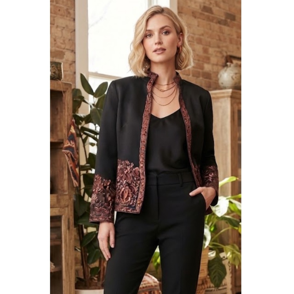 Coldwater Creek Black and Bronze Embroidered Blazer Bohemian Chic 8 Petite